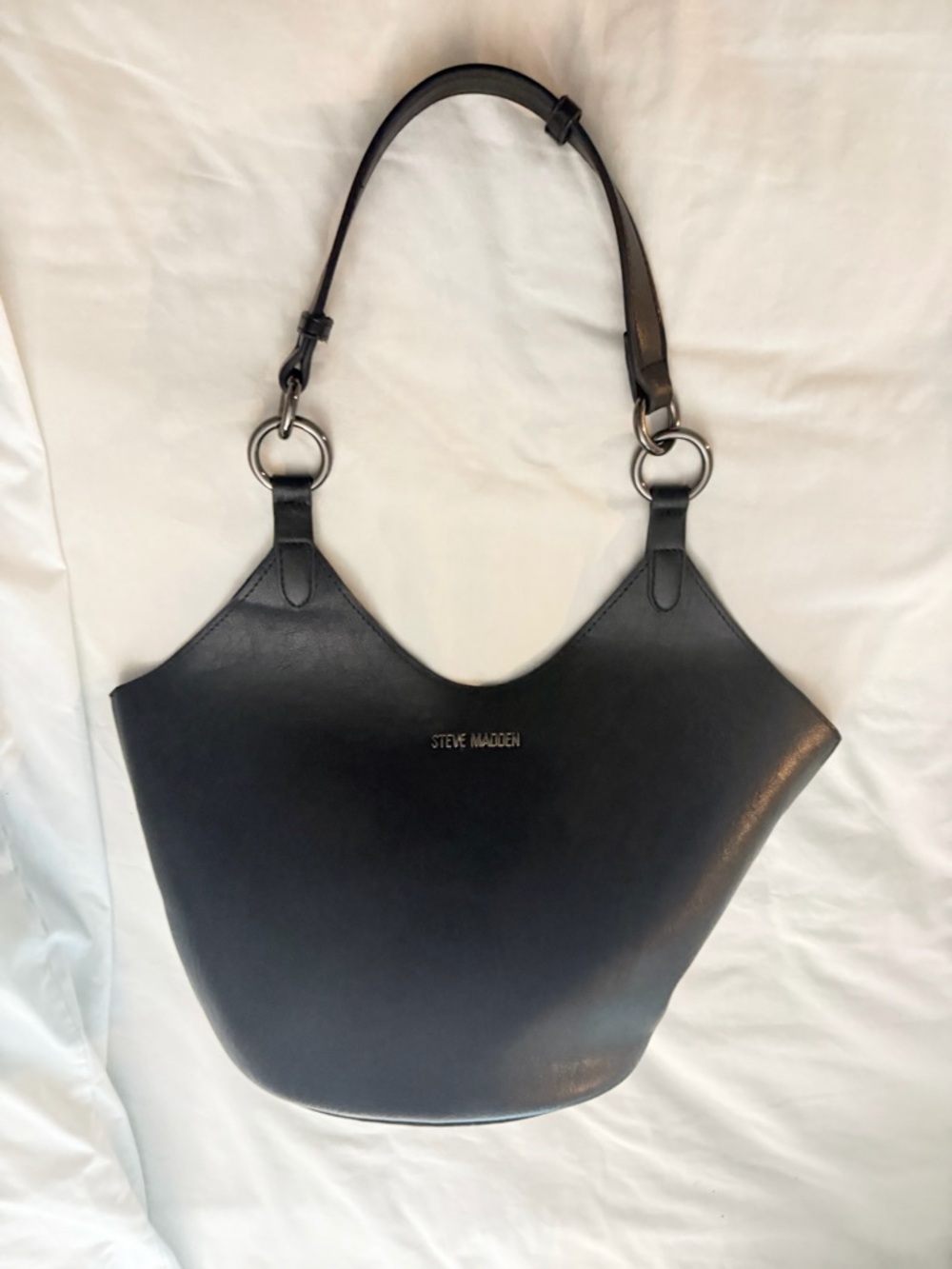 Steve Madden Black Leather Shoulder Tote with Silver Ring Hardware